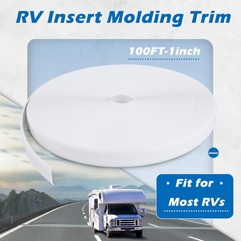 SoCiMa 1" RV Trim Molding Insert with Flat Metal End Caps, RV Screw Cover Trim, Vinyl RV Corner Molding, Weather Stripping Roof Gutter Trim Exterior for RV Camper Travel Trailer (White, 100FT - 1" Wide) - Image 2